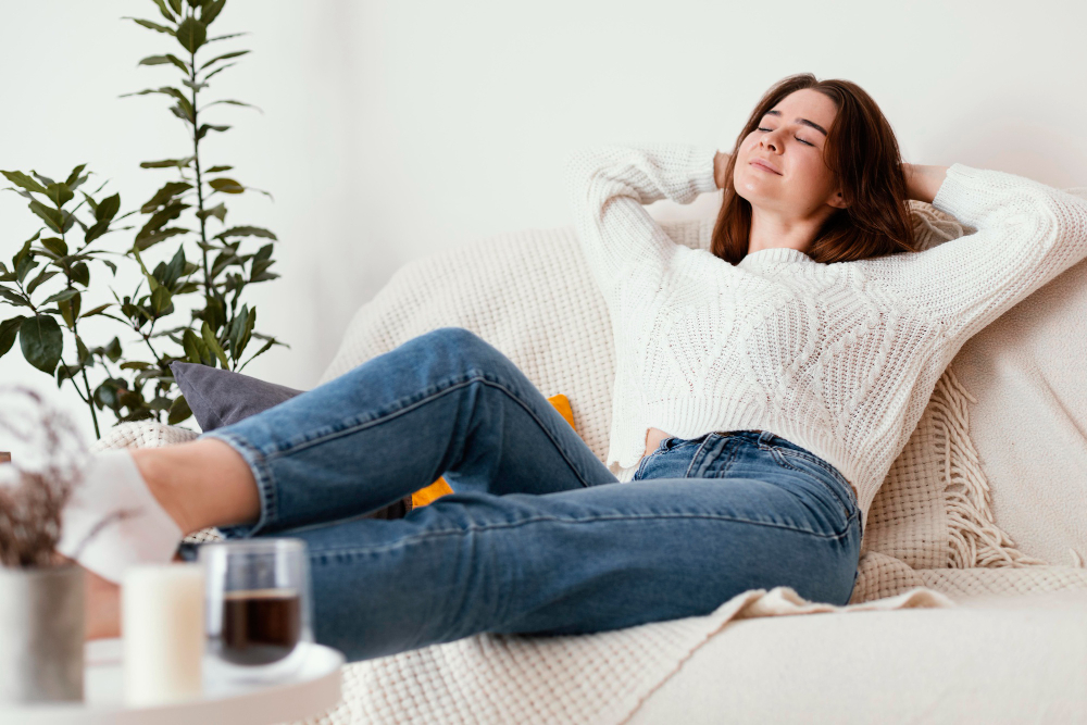 female meditating indoor portrait